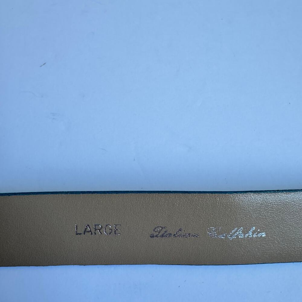 Vintage Women’s Italian Calfskin Teal Slide Belt Size L Gold Tone Clasp 80s 90s - Picture 2 of 6